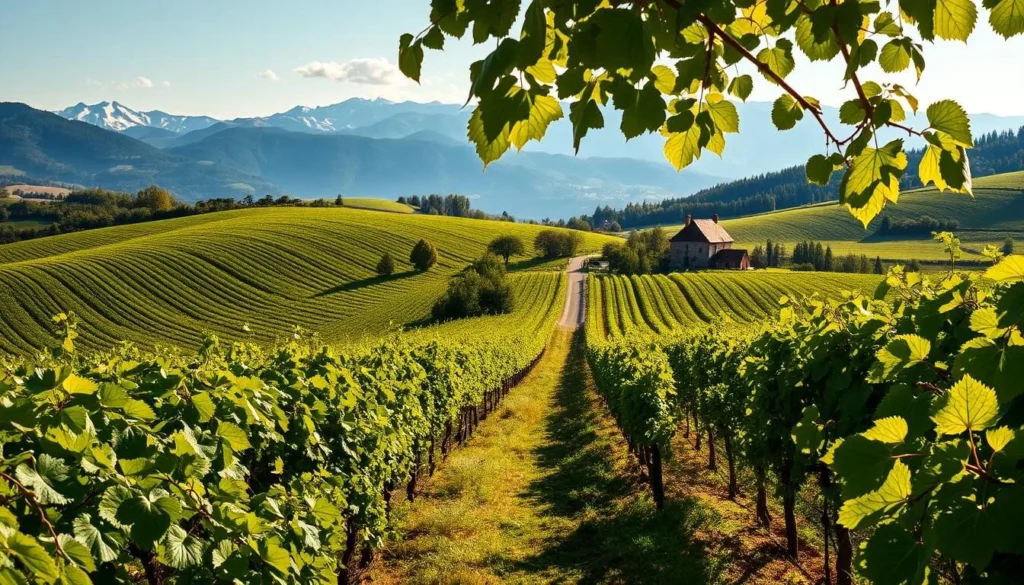 A sun-dappled Alsace wine region terroir, rolling hills blanketed in vibrant vineyards. In the foreground, rows of verdant grapevines stretch out, their leaves rustling in a gentle breeze. The middle ground features a winding path meandering through the vineyards, offering a glimpse of a quaint stone farmhouse in the distance. The background reveals the majestic Vosges Mountains, their peaks adorned with a dusting of snow, creating a picturesque backdrop. The scene is bathed in warm, golden light, casting a serene and inviting atmosphere, capturing the essence of this renowned wine region.