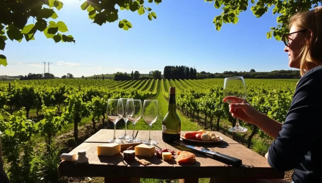 A sun-dappled Alsatian wine tasting experience in a picturesque vineyard. Rows of lush green vines stretch into the distance under a cloudless azure sky. In the foreground, a rustic wooden table is set with delicate wine glasses, a decanter, and a selection of local cheeses and charcuterie. Warm natural light filters through the surrounding foliage, casting a golden glow over the scene. Visitors savor the complex flavors of the region's renowned Rieslings and Gewürztraminers, immersed in the tranquil ambiance of the rolling hills. A serene, intimate setting that epitomizes the essence of Alsace's unique wine tasting culture.