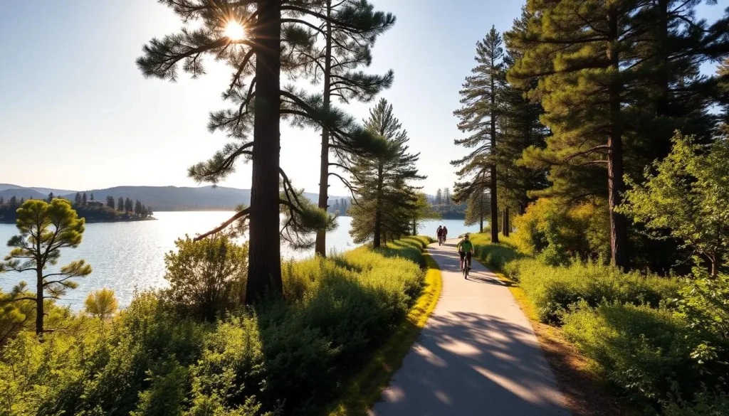 A sun-dappled Folsom Lake, its waters sparkling under the warm California sky. In the foreground, a well-maintained biking trail winds through lush, verdant foliage, inviting cyclists to explore the scenic landscape. The trail is flanked by towering pine trees, casting gentle shadows and creating a serene, natural atmosphere. In the middle ground, cyclists of all ages navigate the path, their bikes a blur of motion against the backdrop of the lake and distant hills. The lighting is soft and diffused, casting a golden glow over the entire scene and conveying a sense of tranquility and adventure. Capture this idyllic outdoor setting with a wide-angle lens to showcase the breadth of the trail and its stunning natural surroundings.