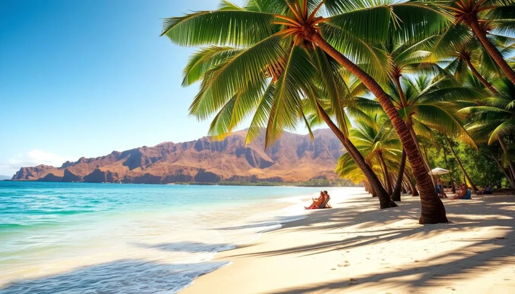 A sun-dappled Kahekili Beach shore on Maui's northwest coast. In the foreground, fine white sand gives way to gently lapping crystal-clear turquoise waters. Lush palm trees sway in the light ocean breeze, casting long shadows across the serene scene. In the middle ground, a few sun-seekers relax on colorful beach towels, gazing out at the expansive horizon. The backdrop is a rugged, verdant mountain range, its slopes bathed in a warm golden glow from the high sun. An idyllic tropical paradise, exuding a sense of tranquility and natural beauty.