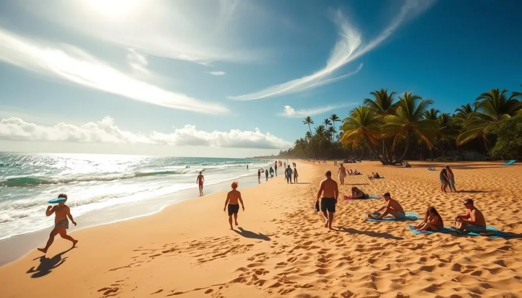 A sun-dappled Kepuhi Beach, Molokai, Hawaii, where waves gently lap the soft, golden sand. In the foreground, beachgoers leisurely stroll, their sun-kissed skin glowing. A group of friends toss a frisbee, its arc captured in mid-flight. Farther back, families relax on colorful beach towels, children building sandcastles and splashing in the shallows. Lush, verdant palm trees sway in the warm breeze, their shadows dancing across the scene. Wispy clouds drift overhead, illuminated by the radiant, diffused sunlight. The entire landscape exudes a tranquil, idyllic atmosphere, inviting viewers to immerse themselves in the serene beauty of Kepuhi Beach.