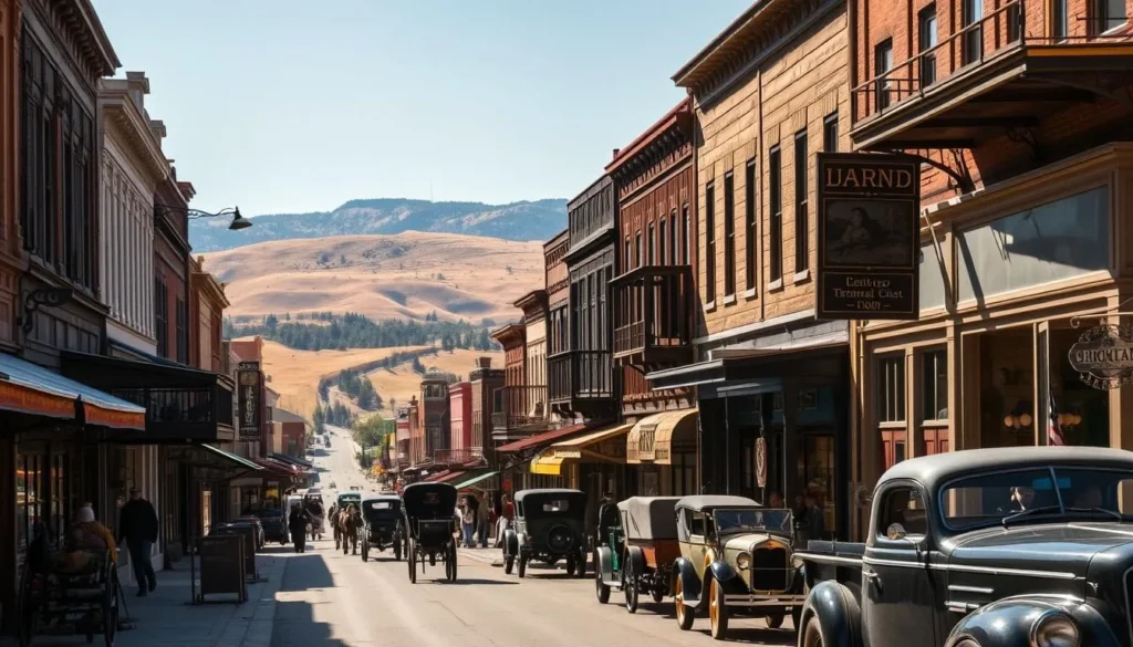 A sun-dappled Main Street in the historic mining town of Virginia City, Montana. Weathered wooden storefronts with false-fronts and shaded awnings line the street, their facades adorned with authentic Old West details. Horse-drawn carriages and vintage automobiles dot the scene, creating a timeless atmosphere. In the background, the rolling hills and distant mountains provide a picturesque backdrop. Warm, soft lighting bathes the scene, casting gentle shadows and highlighting the charming character of this well-preserved frontier town.