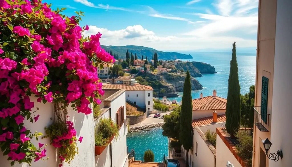 A sun-dappled Mediterranean landscape in Èze, France. In the foreground, vibrant bougainvillea cascades down whitewashed walls, framing a winding cobblestone street. Midground, terracotta-tiled rooftops and cypress trees overlook the sparkling azure waters of the Côte d'Azur. In the distance, rugged cliffs meet the horizon, creating a dramatic backdrop. Warm, golden light filters through wispy clouds, casting a soft, inviting glow across the scene. Capture the essence of Èze's serene Mediterranean climate, where history, nature, and the sea converge in perfect harmony.