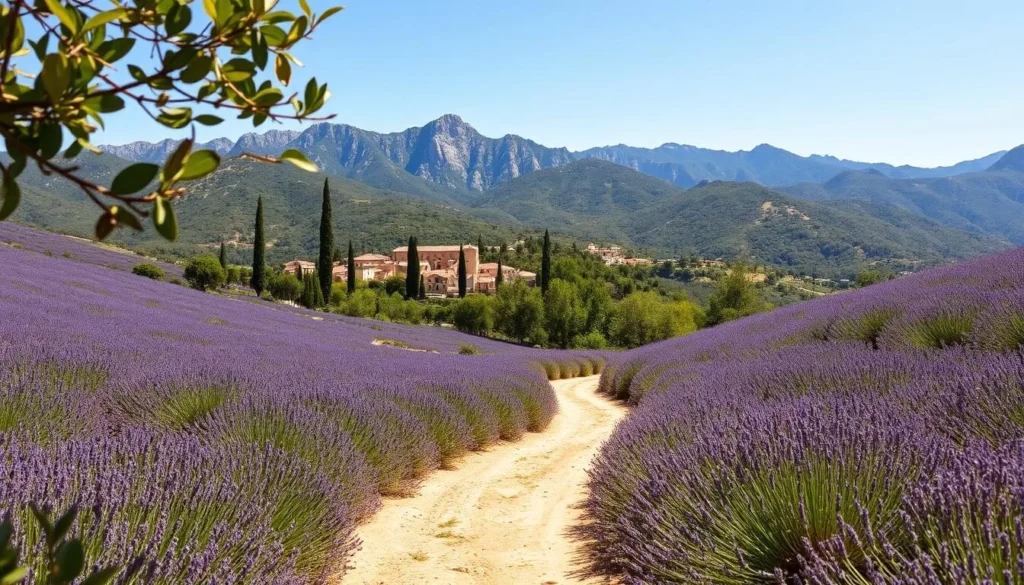 A sun-dappled Mediterranean landscape in Grasse, France. In the foreground, rolling hills covered in lush, fragrant lavender fields. A dirt path winds through the middle ground, leading the eye towards a quaint, whitewashed village nestled between verdant olive groves and cypress trees. In the background, the rugged silhouettes of the Maritime Alps rise majestically, their peaks bathed in warm, golden light. A gentle breeze rustles the leaves, creating a soothing, tranquil atmosphere. The scene captures the essence of Grasse's enviable Mediterranean climate - mild, sunny days, moderate temperatures, and a lush, vibrant natural beauty.