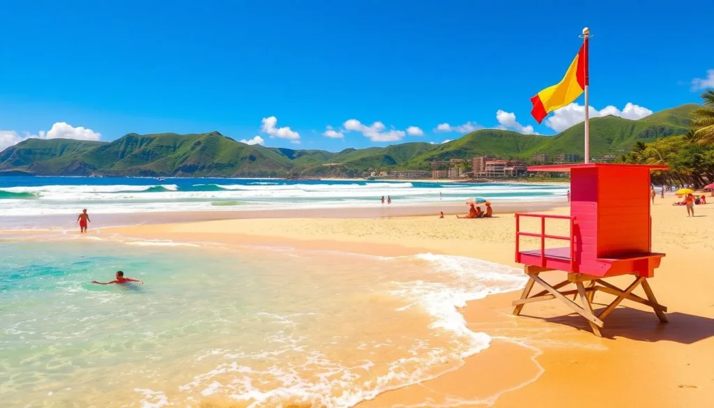 A sun-dappled Oahu beach, azure waters lapping against golden sands. In the foreground, a lifeguard tower stands vigilant, its red and yellow flag fluttering in the gentle breeze. Beachgoers enjoy the warm tropical day, some swimming, others building sandcastles or lounging under vibrant umbrellas. In the middle ground, surfers glide effortlessly across rolling waves, while in the distance, lush green hills provide a picturesque backdrop. The scene is bathed in warm, natural lighting, captured through a wide-angle lens to convey a sense of welcoming tranquility and safety, inviting visitors to explore Oahu's beaches with confidence.