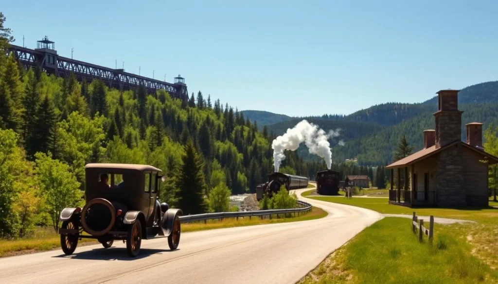 A sun-dappled Upper Peninsula landscape, where historic train trestles arch over meandering rivers and winding roads wind through the verdant forest. In the foreground, a vintage Ford Model T chugs along a country lane, its occupants taking in the picturesque scenery. In the middle ground, a vintage steam locomotive chugs past a charming stone train station, its plume of smoke billowing against a crisp, azure sky. The background showcases the rugged, pine-covered hills that typify the beautiful and remote Keweenaw Peninsula. A sense of timeless tranquility and rustic charm pervades the scene, inviting the viewer to imagine a leisurely journey through this enchanting corner of Michigan.