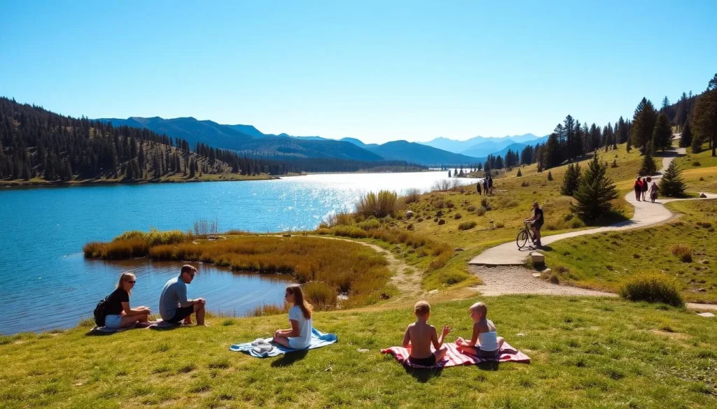 A sun-dappled afternoon at Strawberry Reservoir, California. In the foreground, a family enjoying a picnic on the lush, grassy shore, their children playing tag and splashing in the crystal-clear waters. In the middle ground, a group of hikers navigating a scenic trail winding through the surrounding pine-forested hills. In the distance, the reservoir's glistening surface reflects the vibrant blue sky, framed by majestic mountains. The scene is bathed in warm, golden light, creating a serene and inviting atmosphere perfect for family-friendly outdoor activities.