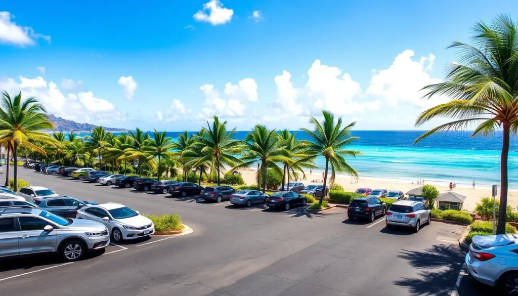 A sun-dappled asphalt parking lot nestled at the base of Mauna Kea, Hawaii's tallest volcano. Rows of vehicles in shades of silver, white, and blue under a cloudless azure sky. Lush palm trees line the perimeter, their fronds gently swaying in the ocean breeze. In the distance, the brilliant turquoise waters of Kauna'oa Beach beckon, inviting visitors to explore this idyllic tropical paradise. The scene is captured through a wide-angle lens, conveying a sense of peaceful tranquility and the magnificent natural beauty that surrounds this popular beach destination.