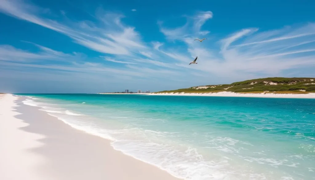 A sun-dappled beach along the emerald waters of the Gulf of Mexico, with pristine white sand gently sloping towards the lapping waves. In the distance, verdant sand dunes and scrubby coastal vegetation create a natural barrier, while wispy cirrus clouds drift across a brilliant azure sky. A warm, gentle breeze ruffles the surface of the tranquil sea, and the sound of seagulls calling overhead adds to the serene, relaxing atmosphere. The scene is captured with a wide-angle lens, emphasizing the expansive natural beauty of Destin's picturesque coastline.