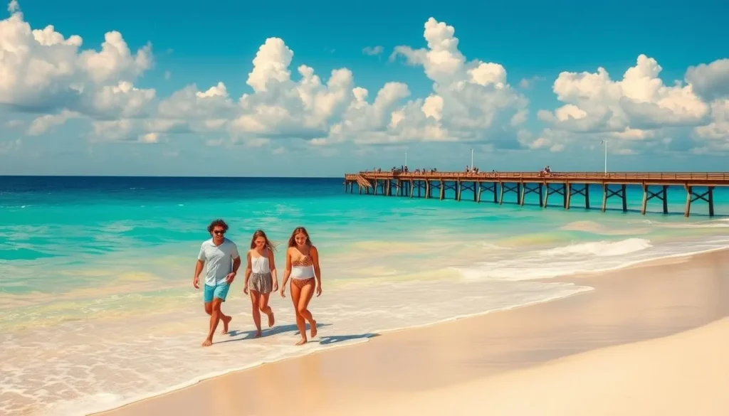 A sun-dappled beach in Destin, Florida, with crystal-clear turquoise waters lapping against the powdery white sand. In the foreground, a family leisurely strolls along the shore, their laughter and smiles capturing the carefree spirit of the day. The middle ground features a picturesque pier, its wooden planks leading out into the tranquil Gulf of Mexico. In the background, a vibrant azure sky is dotted with fluffy white clouds, creating a serene and inviting atmosphere. The warm, golden light bathes the scene, highlighting the natural beauty of this coastal paradise and the perfect conditions for a weather-savvy visit.