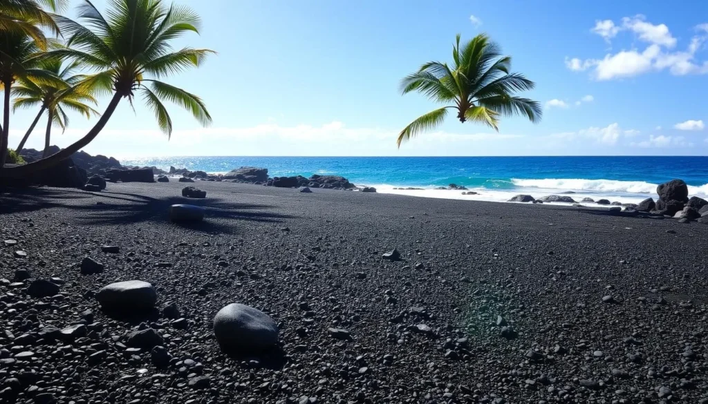 A sun-dappled beach on the Big Island of Hawaii, the fine grains of black volcanic sand sparkle under the warm tropical light. Smooth pebbles and rocks, worn smooth by the constant caress of the waves, line the shore. Majestic palm trees sway gently in the breeze, their fronds casting gentle shadows across the sand. The deep blue of the Pacific Ocean meets the horizon, its waves lapping softly against the dark shore. Capture the raw, elemental beauty of this unique volcanic landscape, where the land meets the sea in a dramatic display of nature's power.