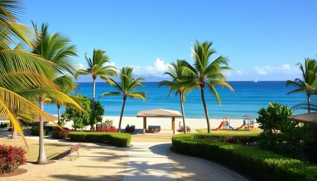 A sun-dappled beach park on the shores of Oahu, Hawaii. In the foreground, lush palm trees sway gently, casting warm shadows across the pristine white sand. A well-maintained path leads visitors through the park, flanked by neatly trimmed hedges and vibrant tropical flora. In the middle ground, a large picnic pavilion stands, its open-air design allowing for ample natural light and ocean breezes. Nearby, a children's playground features colorful equipment, surrounded by families enjoying the idyllic setting. In the background, the turquoise waters of the Pacific Ocean stretch out to the horizon, with a few sailboats dotting the calm, glistening surface. The overall scene exudes a sense of relaxation, inviting visitors to immerse themselves in the natural beauty and amenities of this inviting beach park.
