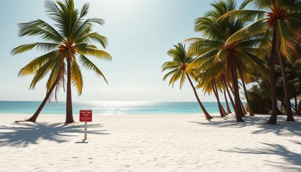A sun-dappled beach with soft white sand stretching out towards a serene azure ocean. In the foreground, a well-marked public access point invites visitors to enjoy the tranquil shores. Tall, swaying palm trees line the background, casting gentle shadows across the scene. The lighting is warm and golden, creating a serene, welcoming atmosphere. Shot with a wide-angle lens to capture the expansive, picturesque landscape. An idyllic, family-friendly beach setting that beckons exploration and relaxation.