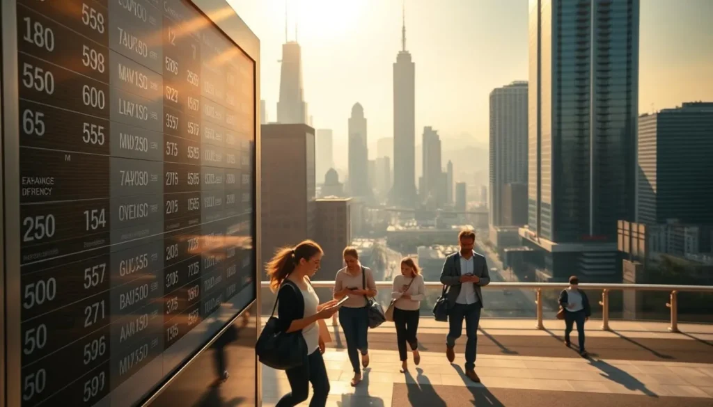 A sun-dappled cityscape, with towering skyscrapers and bustling streets. In the foreground, a large display board showcases a grid of current exchange rates, with the local currency prominently featured. The board is illuminated by warm, natural light, casting subtle shadows and highlights across the sleek, metallic surface. In the middle ground, pedestrians hurry by, their faces transfixed on their mobile devices, likely checking the latest currency exchange information. The background is a panoramic view of the urban landscape, with a hazy, atmospheric quality that evokes a sense of economic activity and global connectivity. The overall scene conveys a sense of precision, dynamism, and the importance of managing one's finances in an increasingly interconnected world.