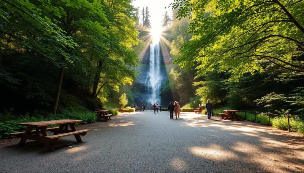 A sun-dappled clearing in Silver Falls State Park, Oregon. Lush green foliage frames a picturesque day use area, with a well-maintained gravel path leading to wooden picnic benches. In the distance, a shimmering waterfall cascades over rocky cliffs, its mist catching the golden light. Visitors stroll along the trail, taking in the serene atmosphere. Warm, diffused lighting creates a sense of tranquility, while a wide-angle lens captures the expansive, natural setting. This idyllic scene invites visitors to relax, explore, and immerse themselves in the beauty of Oregon's renowned state park.