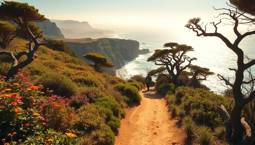 A sun-dappled coastal trail winds through lush vegetation, with towering cliffs and the sparkling Pacific Ocean in the distance. In the foreground, a well-maintained dirt path leads hikers past vibrant wildflowers and gnarled, wind-swept trees. The middle ground features a panoramic view of the rugged coastline, with rolling waves crashing against the rocky shoreline. Warm, golden light filters through the scene, creating a serene and inviting atmosphere. Shot with a wide-angle lens to capture the breathtaking scale and beauty of the landscape.