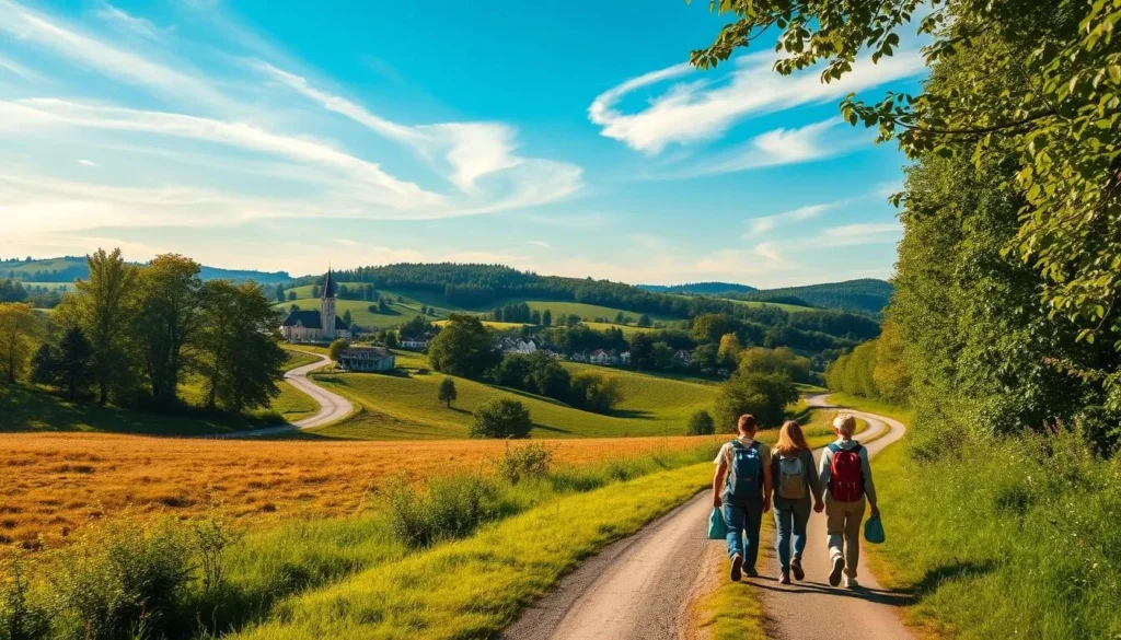A sun-dappled country road winds through rolling hills, lined with lush trees and verdant meadows. In the distance, a quaint village nestled amidst the landscape, its charming buildings and church steeple peeking through the foliage. Wispy clouds drift across a bright, azure sky, casting gentle shadows on the idyllic scene. A family of four, equipped with backpacks and hiking gear, strolls along the path, immersed in the tranquility of the day trip. The warm, golden light filters through the leaves, creating a serene and inviting atmosphere perfect for exploring the natural beauty of the region.