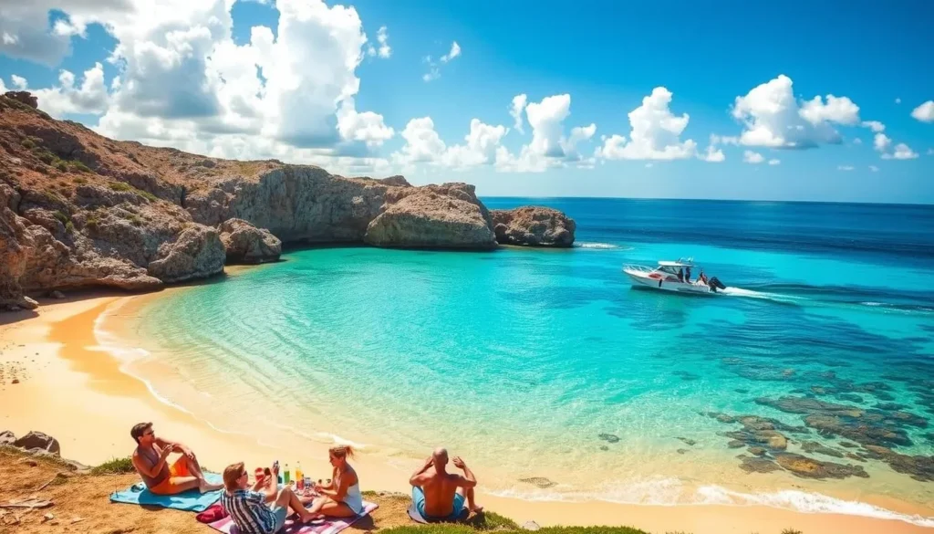 A sun-dappled cove in Coral Bay, Western Australia. Emerald waters lap against a crescent of golden sand, framed by towering limestone cliffs. In the foreground, a group of friends enjoy a picnic on the beach, their laughter carried on the gentle sea breeze. Farther out, a small boat cuts through the crystalline waves, its occupants exploring the vibrant coral reefs. The sky is a brilliant blue, with fluffy white clouds drifting overhead, casting soft shadows across the tranquil scene. The overall mood is one of relaxation and wonder, inviting the viewer to imagine themselves immersed in this idyllic coastal paradise.