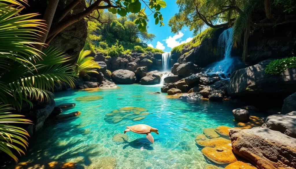 A sun-dappled cove nestled between verdant cliffs, the crystalline waters of a hidden tide pool lapping at the shore. Vibrant tropical flora adorns the rocky outcroppings, their lush fronds swaying gently in the warm island breeze. In the distance, a cascading waterfall tumbles over mossy boulders, its mist catching the golden light. A lone sea turtle glides gracefully through the tranquil lagoon, its shell reflecting the brilliant azure sky above. This secluded Maui paradise, a true gem off the beaten path, beckons the curious explorer to discover its natural wonders.