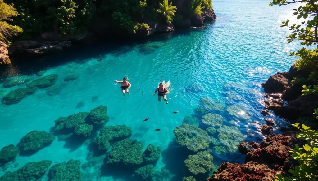 A sun-dappled cove, turquoise waters lapping gently against a rocky shoreline. Vibrant coral reefs teeming with marine life, schools of tropical fish darting through the shallows. Snorkelers float weightlessly, marveling at the underwater ecosystem. Warm, golden light filters through the surface, illuminating the tranquil scene. Lush, verdant foliage frames the cove, creating a secluded, peaceful atmosphere. A serene, idyllic setting perfect for exploring the vibrant underwater world of Shark's Cove, Oahu.