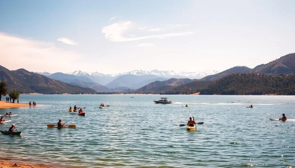 A sun-dappled day at Long Valley Reservoir, California. In the foreground, people kayak and paddle-board across the calm, glimmering waters. Beachgoers relax on the sandy shores, while hikers explore the lush, verdant trails that wind through the surrounding hills. In the middle ground, a small boat chugs along, its wake rippling the surface. The distant mountains rise majestically, their snow-capped peaks framing the scene in a breathtaking panorama. Warm, golden light filters through wispy clouds, creating a serene and inviting atmosphere. Capture the vibrant energy and natural beauty of this idyllic California destination.