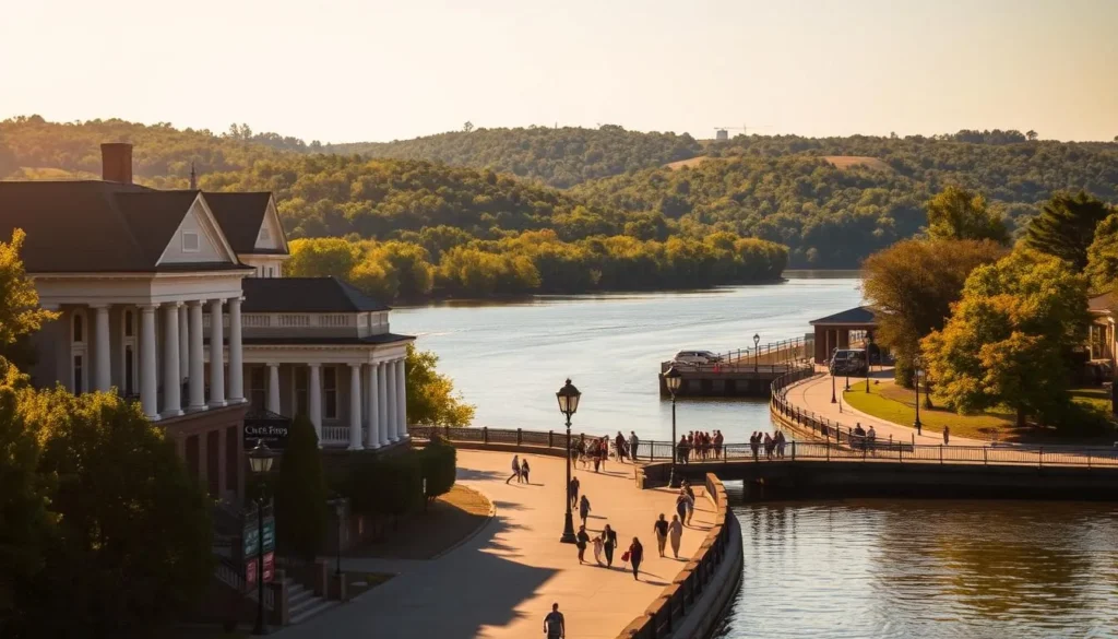 A sun-dappled day in Greenville, Mississippi, where the mighty Mississippi River flows lazily. In the foreground, antebellum mansions and historic landmarks like the E.E. Bass Cultural Arts Center stand proud, their stately columns and ornate facades reflecting in the river's shimmering surface. In the middle ground, locals and visitors stroll along the riverwalk, taking in the sights and sounds of this vibrant Southern town. The background features the verdant hills and lush vegetation that give Greenville its serene, picturesque charm. Warm, golden light filters through the trees, creating a sense of tranquility and timelessness. The overall scene captures the essence of Greenville's unique blend of history, nature, and community spirit.