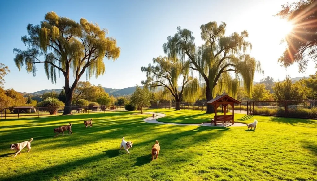 A sun-dappled dog park nestled in the lush verdant hills of Lagoon Valley, California. Vibrant green grass carpets the expansive, fenced-in space, dotted with playful pups chasing tennis balls and sniffing around. Tall, shady trees line the perimeter, casting a warm, golden glow over the scene. In the middle, a meandering path winds through the park, with benches placed strategically for owners to relax and watch their furry friends frolic. The air is filled with the sounds of joyful barking and laughter, creating a welcoming, lively atmosphere for both humans and their beloved canine companions.
