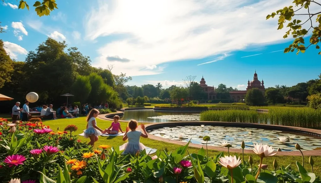 A sun-dappled family outing in the lush gardens of Bien Hoa, Vietnam. In the foreground, children frolic and play among the vibrant flowers and verdant foliage. Families gather on picnic blankets, enjoying the peaceful ambiance. In the middle ground, a tranquil pond reflects the azure sky, its surface dotted with graceful water lilies. The background features the distinctive architectural silhouettes of Bien Hoa's landmarks, bathed in warm, golden light. Capture the essence of a delightful day in this family-friendly destination, conveying a sense of joy, relaxation, and connection with nature.