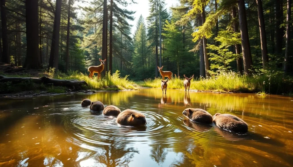 A sun-dappled forest clearing in the Thurauen Nature Park, Switzerland. In the foreground, a family of beavers leisurely swimming in a tranquil pond, their graceful movements reflecting on the glassy surface. In the middle ground, a pair of red deer cautiously emerge from the dense underbrush, their alert gazes scanning the area. Butterflies flutter among the wildflowers that dot the lush, verdant landscape. Soft, warm lighting filters through the canopy of towering trees, creating a serene, inviting atmosphere. Capture this idyllic wildlife haven with a wide-angle lens, showcasing the abundance of rare and fascinating species thriving in their natural habitat.