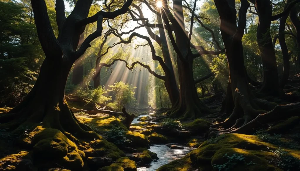 A sun-dappled forest of ancient, gnarled trees casts long shadows across a lush, mossy undergrowth. Towering trunks, twisted and weathered by centuries, reach skyward through a canopy of vibrant green foliage. Beams of warm, golden light filter through the dense branches, creating a serene, mystical atmosphere. In the foreground, a meandering creek cuts through the landscape, its crystal-clear waters reflecting the surrounding scenery. The scene evokes a sense of timelessness, inviting the viewer to step into a forgotten world of natural wonder and tranquility.