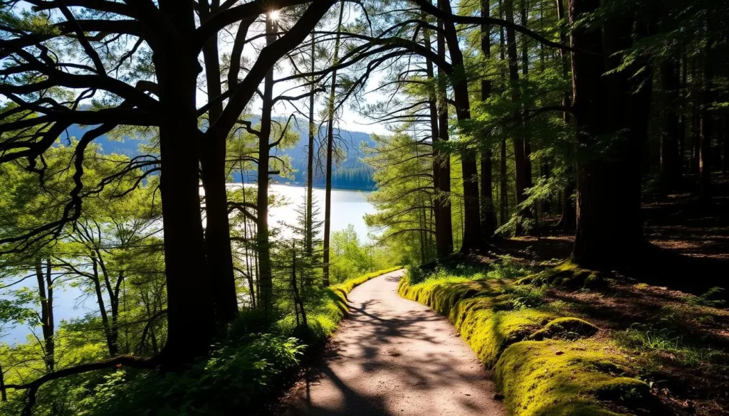 A sun-dappled forest path meanders through the lush, verdant woods surrounding Willow Creek Reservoir. Towering oak and pine trees line the trail, their branches casting dynamic shadows on the forest floor. In the distance, a glimpse of the tranquil, mirror-like waters of the reservoir shimmers through the foliage. Soft, diffused natural light filters through the canopy, creating a serene, almost ethereal atmosphere. The earthy scent of moss and fallen leaves mingles with the refreshing coolness of the forest air. Capture the peaceful, secluded charm of this hidden natural sanctuary.