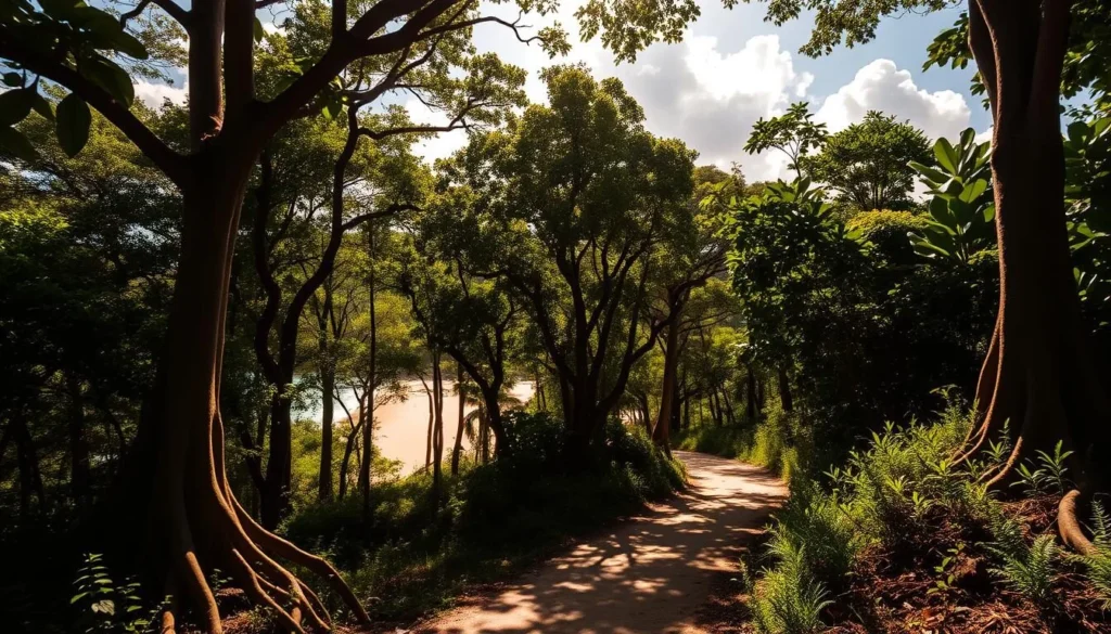 A sun-dappled forest path winds through lush, verdant foliage in Kep National Park, Cambodia. Towering trees with gnarled roots frame the scene, casting dramatic shadows across the trail. In the middle ground, a secluded beach comes into view, its golden sands fringing a tranquil, azure bay. Fluffy cumulus clouds drift overhead, illuminated by warm, directional sunlight that bathes the landscape in a soft, golden glow. The overall atmosphere is one of serene, natural beauty, inviting the viewer to explore this picturesque corner of Cambodia.