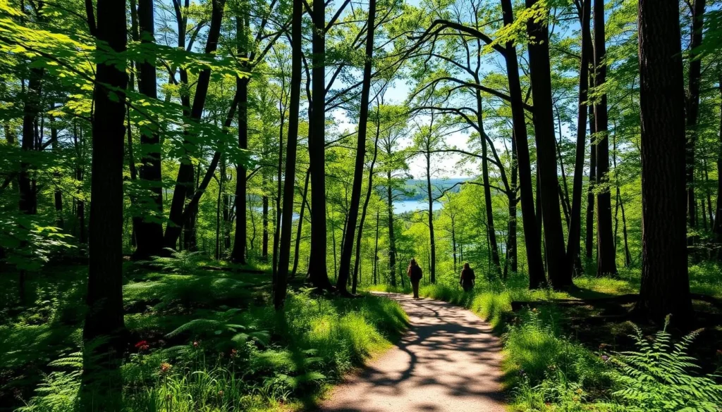 A sun-dappled forest trail, winding through lush greenery. Tall, majestic trees line the path, their branches casting dappled shadows on the well-trodden ground below. The trail is flanked by vibrant wildflowers and ferns, inviting hikers to explore the verdant wilderness. In the distance, a glimpse of a serene lake or stream can be seen, reflecting the azure sky above. A sense of tranquility and adventure permeates the scene, capturing the essence of outdoor exploration and the natural beauty of Ha Ha Tonka State Park.