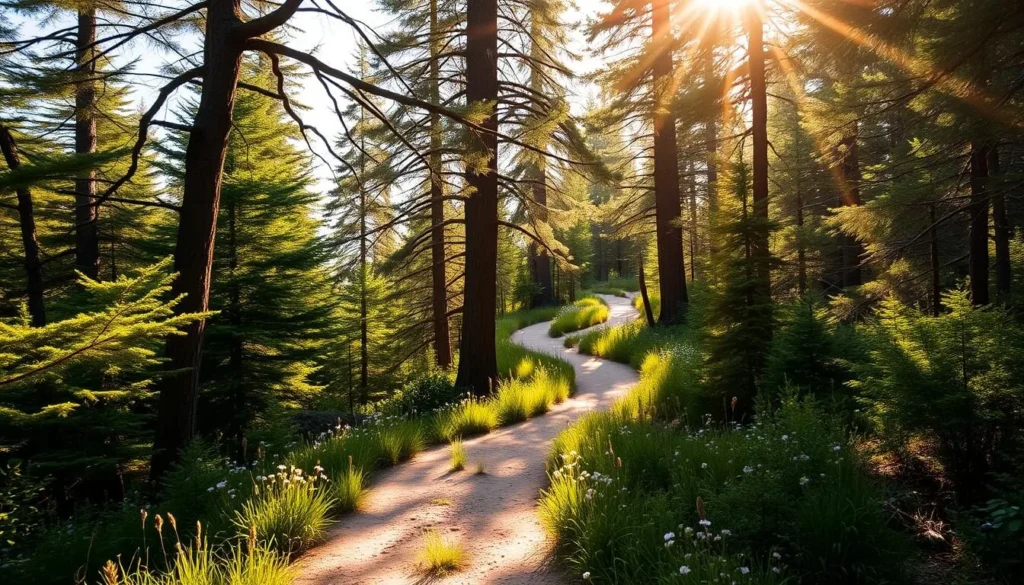 A sun-dappled hiking trail winding through a lush, verdant forest. The path is flanked by towering evergreens, their branches casting delicate patterns of light and shadow across the trail. Wildflowers dot the forest floor, adding splashes of color to the serene scene. In the distance, the trail disappears around a gentle bend, enticing the viewer to explore further. The warm, golden light filters through the canopy, creating a peaceful, inviting atmosphere. A sense of tranquility and adventure permeates the image, perfectly capturing the essence of the trails and outdoor recreation at the American River Reservoir.