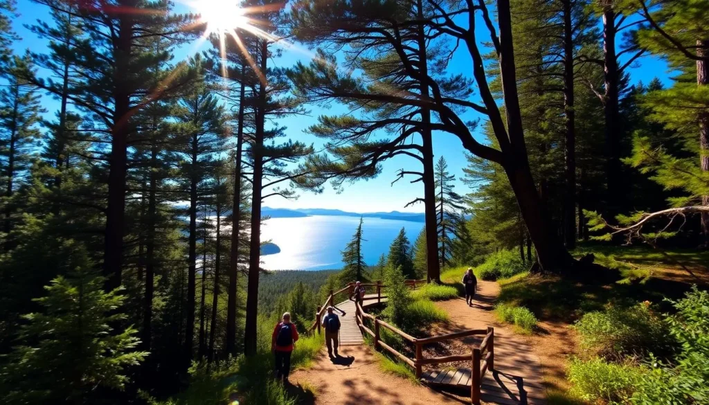 A sun-dappled hiking trail winds through a lush, verdant forest, leading to the serene shores of Lake McClure. Towering pine and oak trees frame the path, casting a gentle, warm glow over the scene. In the distance, the glistening waters of the lake reflect the azure sky, inviting hikers to pause and take in the breathtaking panorama. The trail is well-maintained, with occasional wooden bridges crossing over babbling brooks. Hikers can be seen exploring the peaceful surroundings, some pausing to admire the stunning natural beauty. The overall atmosphere is one of tranquility and adventure, perfectly capturing the best of what Lake McClure has to offer land lovers.