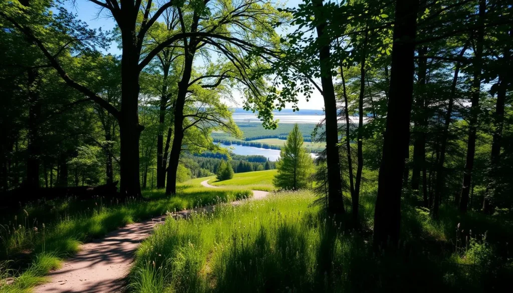 A sun-dappled hiking trail winds through a lush, verdant forest on Grand Island, Nebraska. Towering deciduous trees frame the path, their leaves casting a gentle, natural light across the scene. In the middle ground, the trail opens up to reveal a gently sloping hillside, covered in a patchwork of wildflowers and tall grasses. In the distance, a shimmering river reflects the azure sky, inviting outdoor enthusiasts to explore the island's natural wonders. The overall atmosphere is one of tranquility and adventure, perfectly capturing the essence of Grand Island's best outdoor activities.