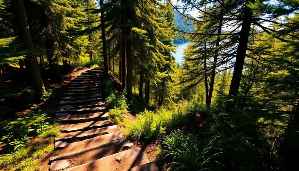 A sun-dappled hiking trail winds through a lush, verdant forest, with towering evergreen trees casting dappled shadows on the winding path below. Worn, earthen steps lead up a gentle incline, inviting adventurers to explore the serene wilderness. In the distance, glimpses of a shimmering lake can be seen, hinting at the tranquil natural beauty that awaits. The scene is bathed in warm, golden light, creating a calming, inviting atmosphere that beckons hikers of all skill levels to discover the peaceful solitude of this picturesque landscape.