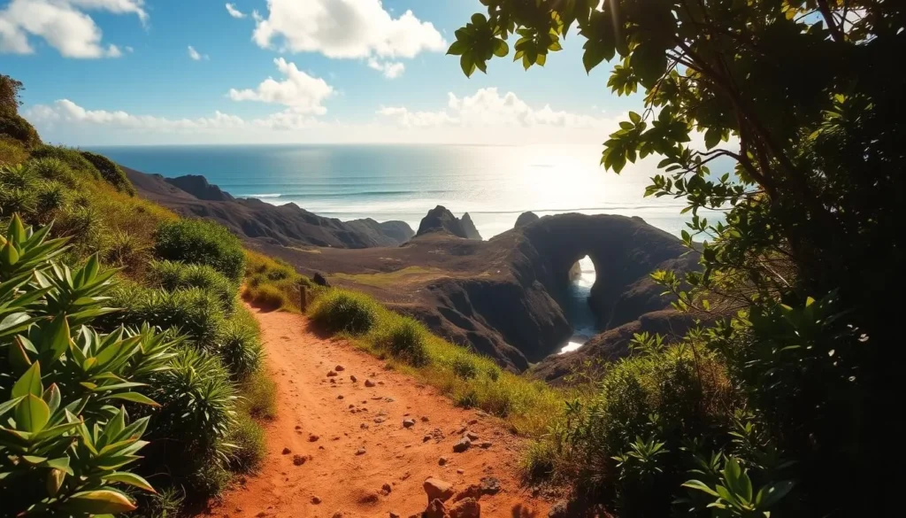 A sun-dappled hiking trail winds through lush, verdant vegetation, leading towards the dramatic cliffs of Nakalele Blowhole on the northern coast of Maui. In the foreground, a well-trodden path invites the viewer to embark on the journey, flanked by vibrant tropical foliage. The middle ground reveals the rugged, undulating terrain, with rocky outcroppings and deep ravines hinting at the dramatic geological forces that shaped this landscape. In the distance, the azure Pacific Ocean stretches out, its waves crashing against the volcanic rock formations that give rise to the iconic Nakalele Blowhole. Warm, golden sunlight filters through the canopy, casting a serene, inviting glow over the entire scene, capturing the essence of this natural wonder.