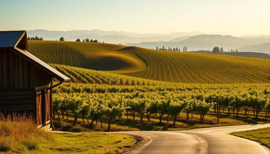 A sun-dappled hillside covered in lush vineyards, with rows of grapevines stretching into the distance. In the foreground, a winding country road leads past a rustic wooden barn, its weathered exterior bathed in warm golden light. In the middle ground, gentle slopes are dotted with clusters of gnarled, verdant vines, their leaves shimmering in the gentle breeze. In the background, the hazy silhouettes of the Sierra Nevada mountains rise, their peaks capped with snow. The scene exudes a sense of tranquility and pastoral charm, inviting the viewer to explore the wine country of the Sierra Foothills.