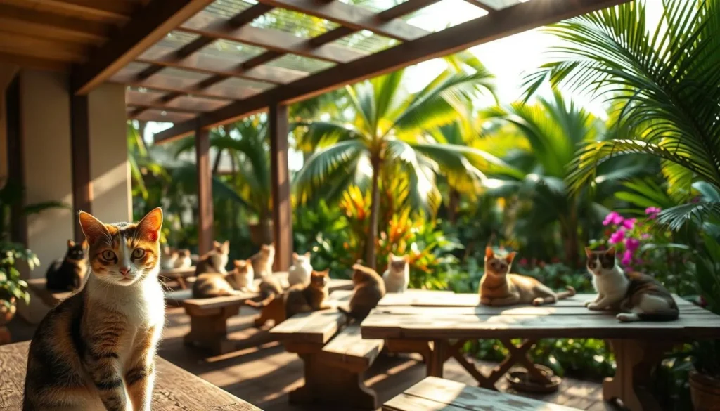 A sun-dappled lanai overlooking a lush, verdant sanctuary where a dozen contented cats bask in the warmth. Soft, diffused light filters through the latticed canopy, casting gentle shadows across the scene. In the foreground, a curious calico cat sits alert, its gaze fixed on the camera. In the middle ground, several felines laze on weathered wooden benches, their peaceful repose punctuated by the occasional tail flick or ear twitch. The background reveals a tranquil oasis, with verdant palm fronds swaying gently in the breeze and colorful tropical flowers blooming in abundance. An atmosphere of serene tranquility pervades the sanctuary, inviting the viewer to pause and appreciate the simple pleasures of these feline denizens.