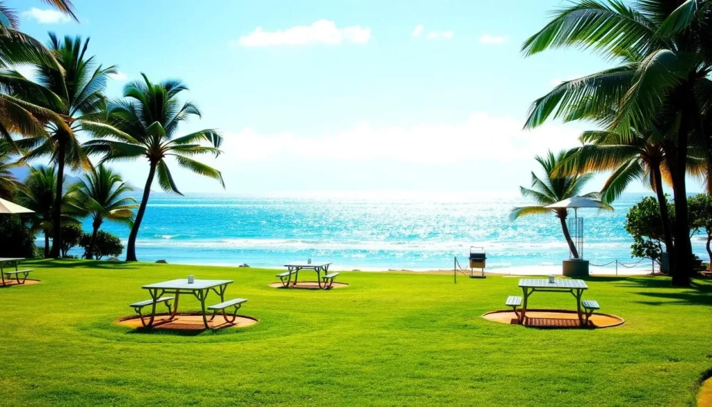 A sun-dappled landscape at Lydgate Beach Park, Kauai. In the foreground, a well-maintained grassy area with picnic tables and grilling stations. Middle ground features a sparkling blue ocean, with gentle waves lapping against the sandy shore. In the background, lush green palm trees sway in the light breeze. The scene is illuminated by soft, natural lighting, creating a warm and inviting atmosphere. The camera angle captures the entirety of the park's amenities, highlighting the perfect balance between nature and human-made facilities. The overall mood is one of relaxation and enjoyment, inviting viewers to imagine themselves spending a day at this picturesque Hawaiian beach park.
