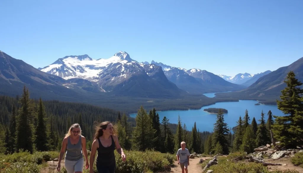 A sun-dappled landscape in the Cascade Range, California. In the foreground, a family explores a hiking trail, their laughter echoing through the verdant forest. Majestic peaks loom in the middle ground, their snow-capped summits glistening under the warm, golden light. In the background, a crystal-clear lake reflects the surrounding mountains, inviting visitors to bask in the serene beauty of the region. The scene exudes a sense of adventure and tranquility, perfectly capturing the best family-friendly attractions the Cascade Range has to offer.