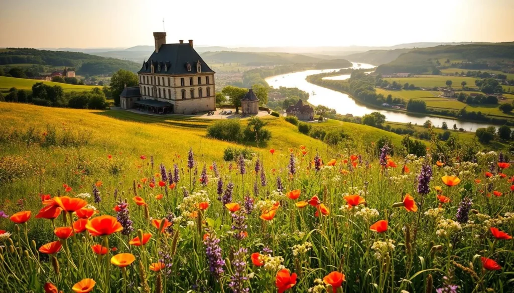 A sun-dappled landscape in the Loire Valley, France, during the summer months. In the foreground, a rolling meadow is awash with vibrant wildflowers - poppies, lavender, and wildflowers in a riot of colors. In the middle ground, a picturesque chateau stands tall, its stone walls and slate roofs reflecting the warm glow of the afternoon sun. In the distance, the meandering Loire River winds its way through verdant hills, its glimmering surface dotted with small boats. The scene is bathed in a soft, golden light, creating a serene and inviting atmosphere. The overall impression is one of tranquility, beauty, and the timeless charm of the French countryside.
