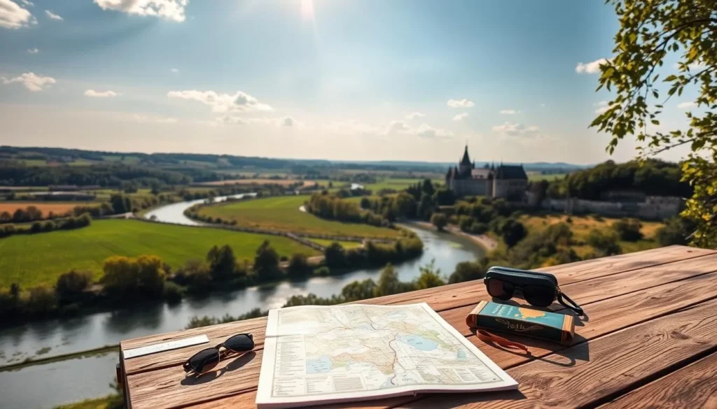 A sun-dappled landscape in the Loire Valley, France, where a rolling river winds through verdant fields and medieval castles dot the horizon. In the foreground, a wooden table with a map, guidebook, and stylish travel items, inviting the viewer to plan an immersive itinerary. Soft natural lighting illuminates the scene, capturing the region's timeless charm and the promise of adventure. The composition should evoke a sense of tranquility and inspiration, guiding the viewer to imagine their own journey through this historic and picturesque destination.