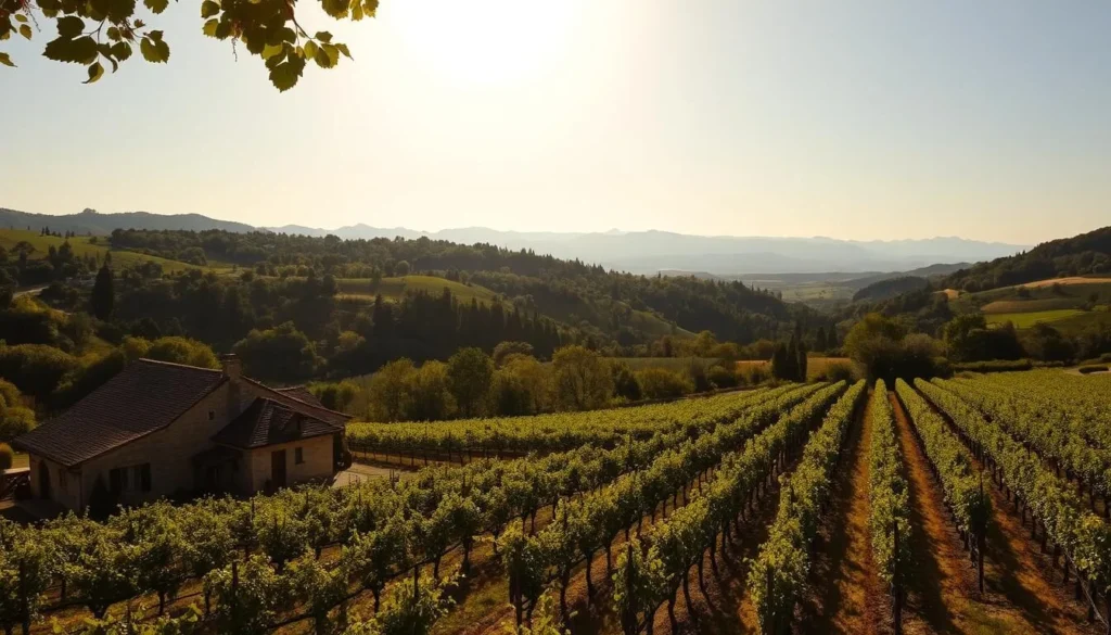 A sun-dappled landscape in the heart of the Rhône Valley, France. Rolling hills dotted with lush vineyards and quaint family-owned wineries, their stone facades weathered by generations of winemaking. In the foreground, a picturesque winery, its tidy rows of vines stretching out invitingly. Warm, golden light filters through the leaves, casting a cozy glow over the scene. In the distance, the silhouettes of the Rhône mountains rise majestically, their peaks capped with snow. The atmosphere is one of timeless tradition, where the rhythms of the land and the dedication of the vintners have created a legacy of exceptional wines.