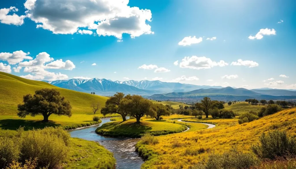 A sun-dappled landscape of Rancho Cucamonga, California, where the verdant rolling hills of the Cucamonga foothills meet the vibrant blue sky. In the foreground, a winding creek cuts through the lush vegetation, its crystal-clear waters reflecting the fluffy white clouds above. In the middle ground, clusters of stately oak trees dot the scene, their gently swaying branches casting soft shadows on the ground. In the distance, the majestic San Gabriel Mountains rise, their rugged peaks capped with a dusting of snow, creating a breathtaking panoramic vista. The warm, golden light of the sun bathes the entire scene, imbuing it with a sense of peace and tranquility. Capture the natural beauty and serene charm of this hidden gem of Southern California.