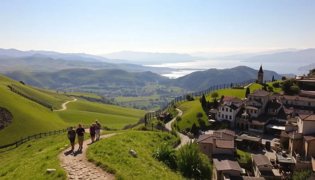 A sun-dappled landscape of rolling hills and verdant meadows, with the glistening waters of Lake Santa Margarita in the distance. A group of hikers strolls along a winding trail, taking in the breathtaking vistas of nearby mountains. In the foreground, a picturesque historic town with quaint shops and cafes invites exploration. Soft, warm lighting bathes the scene, creating a peaceful, inviting atmosphere. The image captures the essence of the perfect day trip from Lake Santa Margarita, showcasing the region's natural beauty and charming local attractions.