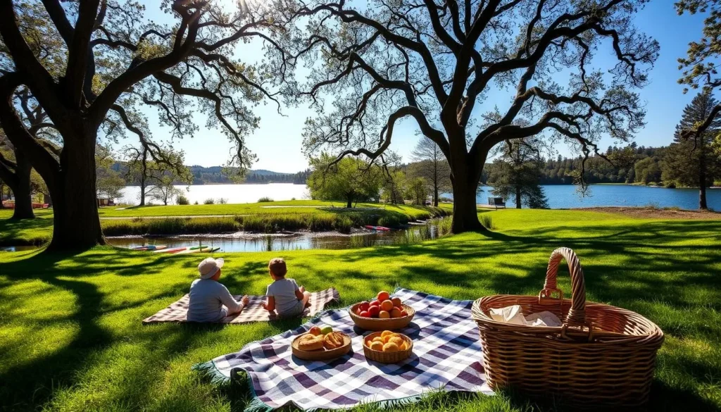 A sun-dappled meadow at Vasona Lake, with a family gathered around a checkered picnic blanket. In the foreground, a wicker basket overflows with freshly baked goods and juicy fruits. Surrounding the scene, tall oak trees cast gentle shadows, their leaves rustling in the soft breeze. In the middle ground, a babbling brook meanders, its crystal-clear waters reflecting the azure sky above. In the distance, the tranquil lake shimmers, its surface dotted with paddleboards and canoes. The overall atmosphere is one of relaxation and contentment, inviting the viewer to join in the peaceful picnic experience.