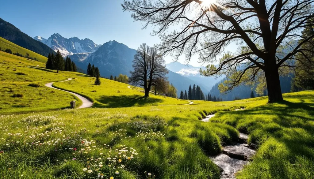 A sun-dappled meadow in a verdant alpine nature park, surrounded by towering snow-capped peaks. In the foreground, a lush carpet of wildflowers sways gently in a soft breeze. Meandering trails lead through the tranquil scene, inviting visitors to explore the serene landscape. Dappled light filters through the canopy of ancient deciduous trees, casting a warm, golden glow over the idyllic setting. A crystal-clear stream babbles cheerfully, its gentle murmur adding to the peaceful ambiance. The image captures the essence of a perfect day in the Pfyn-Finges Nature Park, showcasing its natural beauty and the ideal time to experience its wonders.