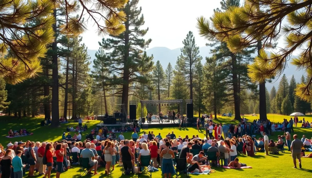 A sun-dappled meadow in the Sierra Foothills, California, hosts an outdoor summer concert. In the foreground, a lively crowd gathers around a raised stage, swaying to the rhythm of live music. Mid-frame, rows of folding chairs and blankets dot the lush green lawn, while behind the stage, towering pine trees frame the scene. Warm, golden light filters through the leaves, casting a soft glow over the festive atmosphere. Distant mountains rise up in the background, adding to the serene, natural setting. The overall impression is one of a lively, yet peaceful summertime celebration.